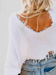 Pure V neck Purl Long sleeve Knit Sweaters