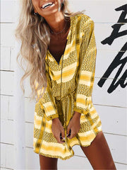 Fashion Print V neck Lacing Long sleeve Shift Dresses