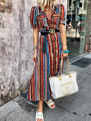 Fashion Chic Women Printed Colorful Stripe Turn down collar Maxi Dresses