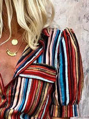 Fashion Chic Women Printed Colorful Stripe Turn down collar Maxi Dresses