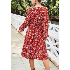 Fashion Print V neck Falbala Long sleeve Irregular Skater Dresses