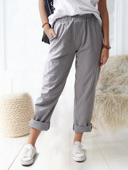 Pure color casual elastic high-waist straight-leg trousers long pants