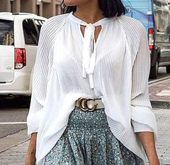Fashion Pure V neck Lacing Long sleeve Blouses