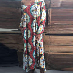 Loose Plus Print V neck Long sleeve Maxi Dresses