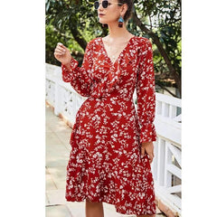 Fashion Print V neck Falbala Long sleeve Irregular Skater Dresses