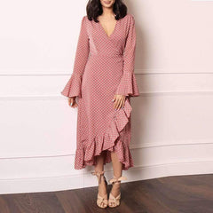 Fashion Point V neck Falbala Lacing Irregular Maxi Dresses