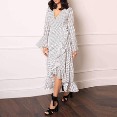 Fashion Point V neck Falbala Lacing Irregular Maxi Dresses