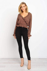 Fashion falbala V neck Leopard print Long sleeve Blouses