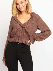 Fashion falbala V neck Leopard print Long sleeve Blouses