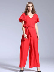 Fashion Casual Pure V neck Short sleeve Lacing Jumpsuits