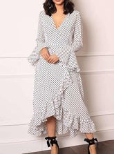 Fashion Point V neck Falbala Lacing Irregular Maxi Dresses