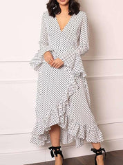 Fashion Point V neck Falbala Lacing Irregular Maxi Dresses
