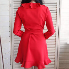 Sexy Lacing Falbala V neck Long sleeve Skater Dresses