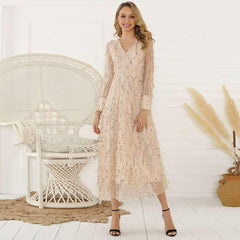 Fashion Purl Paillette Long sleeve V neck Maxi Dresses