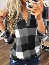 Casual Plaid print V neck Long sleeve Blouses