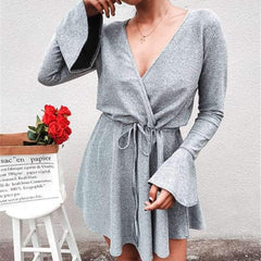 Sexy Paillette Falbala Lacing V neck Long sleeve Skater Dresses