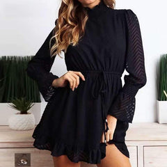 Fashion High collar Lacing Long sleeve Skater Dresses