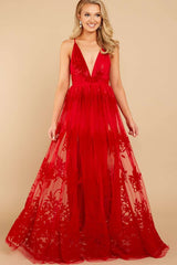 Sexy Pure Grenadine Embroidery V neck Sleeveless Evening Dresses