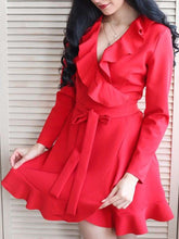 Sexy Lacing Falbala V neck Long sleeve Skater Dresses