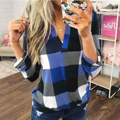 Casual Plaid print V neck Long sleeve Blouses