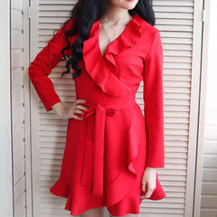 Sexy Lacing Falbala V neck Long sleeve Skater Dresses