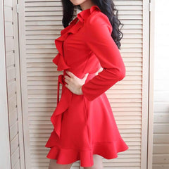 Sexy Lacing Falbala V neck Long sleeve Skater Dresses