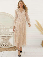 Fashion Purl Paillette Long sleeve V neck Maxi Dresses