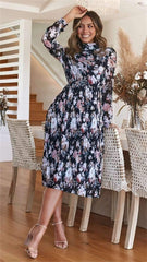 Fashion Print Long sleeve High collar Skater Dresses