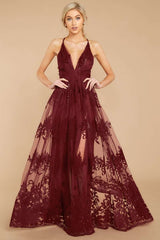 Sexy Pure Grenadine Embroidery V neck Sleeveless Evening Dresses
