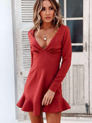 Sexy Pure V neck Falbala Long sleeve Skater Dresses