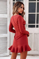 Sexy Pure V neck Falbala Long sleeve Skater Dresses