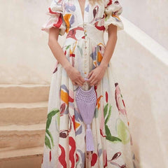 Casual Print V neck Puff sleeve Fastener Maxi Dresses