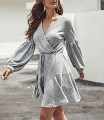 Fashion Pure V neck Long sleeve Lacing Skater Dresses