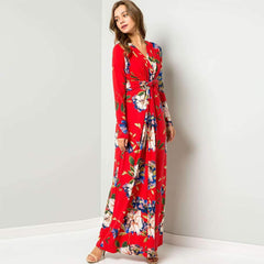 Fashion Print Lacing Long sleeve Tee Maxi Dresses