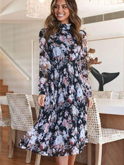 Fashion Print Long sleeve High collar Skater Dresses