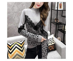 Fashion round neck lace stitching leopard sweater
