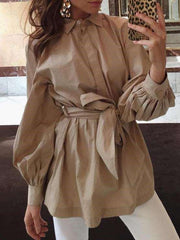 Fashion Pure Lacing Lapel Puff sleeve Blouses