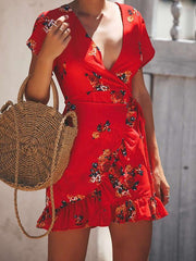 Fashion Chic Women V neck Printed Skater Mini Dresses