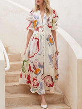 Casual Print V neck Puff sleeve Fastener Maxi Dresses