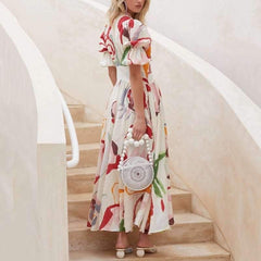 Casual Print V neck Puff sleeve Fastener Maxi Dresses