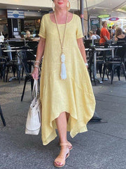 Yellow Crew Neck Shift Short Sleeve Cotton-Blend Dresses