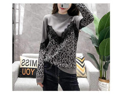 Fashion round neck lace stitching leopard sweater