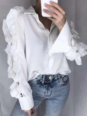 Fashion Pure Gored Falbala Hollow out Long sleeve Blouses