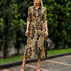 Fashion Leopard print Long sleeve Maxi Dresses