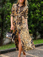 Fashion Leopard print Long sleeve Maxi Dresses
