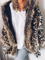 Fashion Fur Collar Leopard Slim Long Sleeve Overcoat