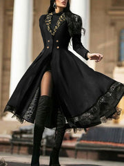 Fashion Print Lace Lapel Long sleeve Coat Maxi Dresses for women