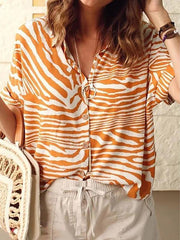 Zebra Stripe Printed Turn Down Collar Short Sleeve Blouses