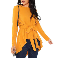Fashion Round neck Long sleeve Lacing Blouses