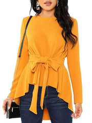 Fashion Round neck Long sleeve Lacing Blouses